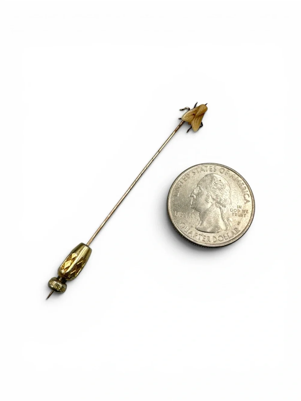 Antique Victorian 14K Gold Carved Tooth Fly Stick Pin Safety Cap